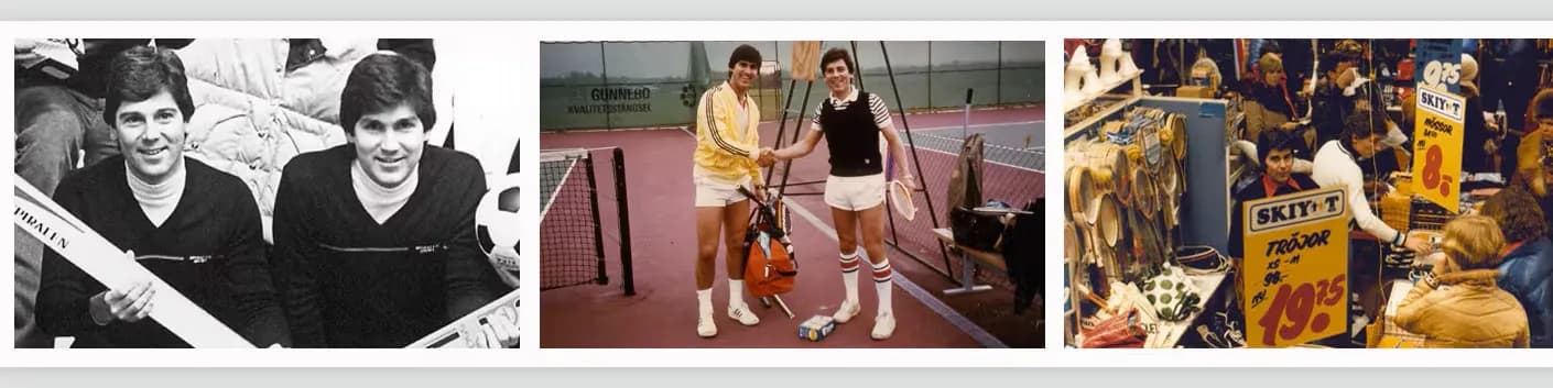 Three vintage photos: Two people holding Yonex racquets; two players with sports gear on a tennis court; a bustling indoor sports event.