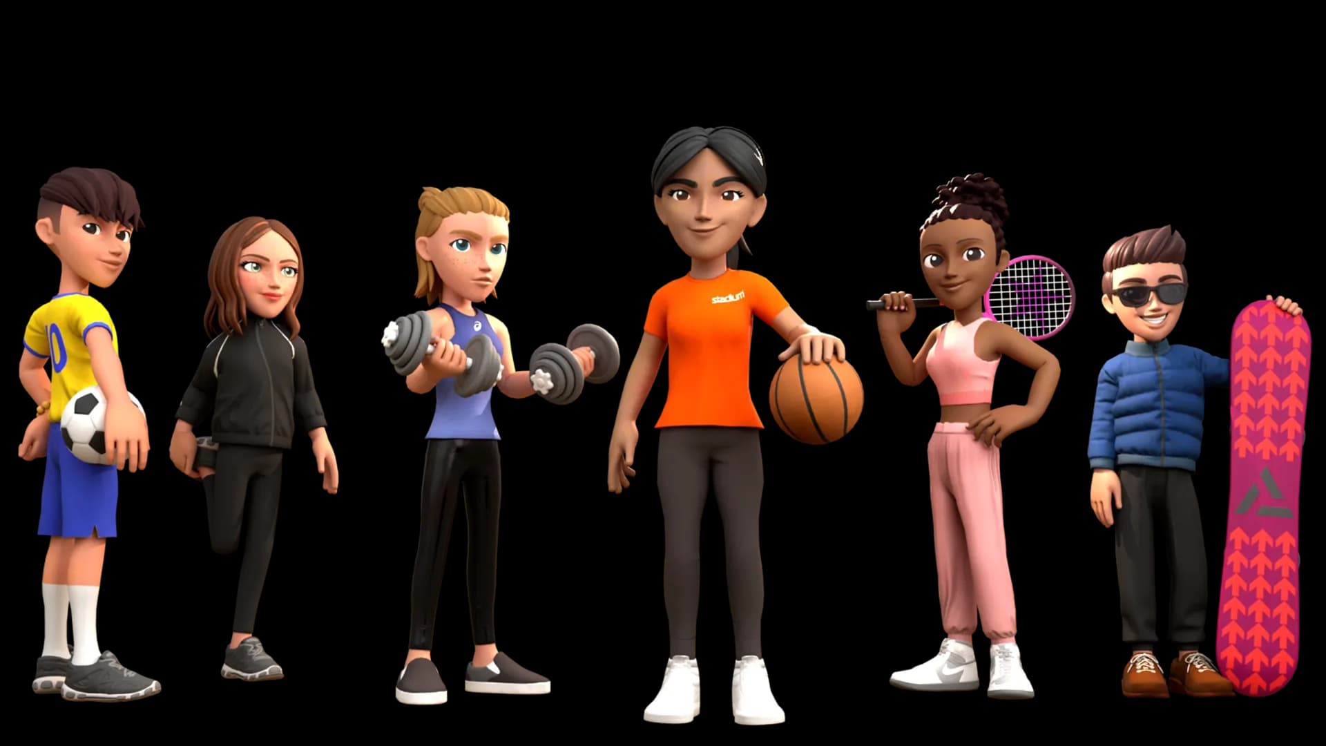 Six diverse animated characters in sports attire with various sports equipment, including a soccer ball, dumbbells, basketball, tennis racket, and snowboard.