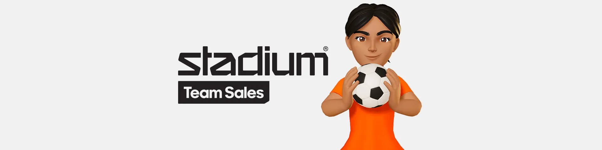 Tecknad person i orange tröja håller en fotboll framför logotypen för Stadium Team Sales.