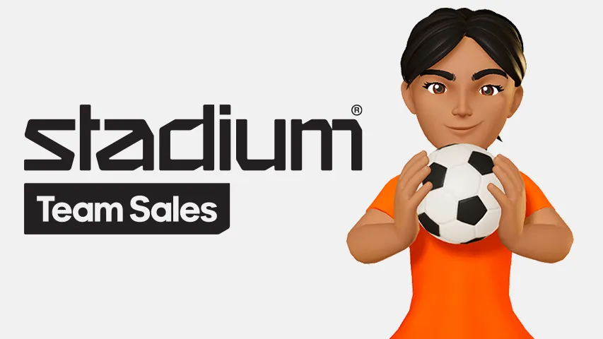 Tecknad person i orange tröja håller en fotboll framför logotypen för Stadium Team Sales.