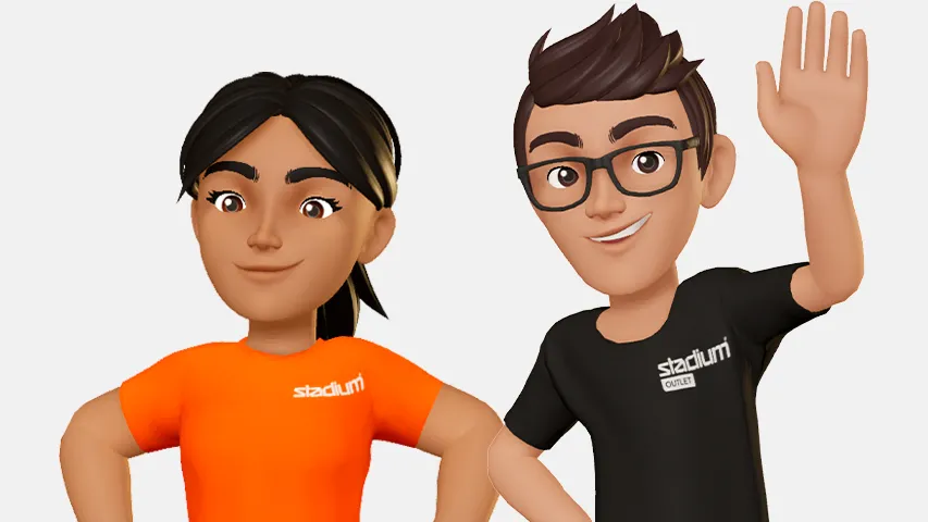 Two animated characters smiling; one wearing an orange shirt, and the other wearing a black shirt and glasses, waving.