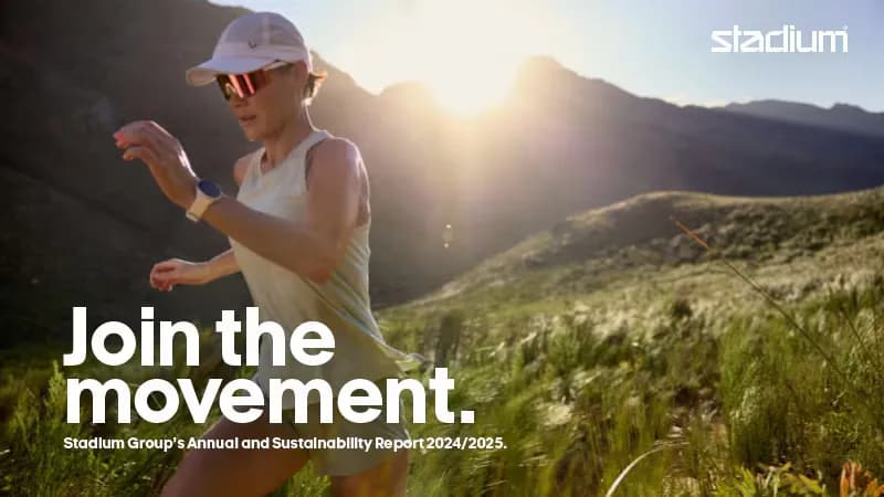 Woman trail running on a sunny hillside with mountains in the background. Text: "Join the movement. Stadium Group's Annual and Sustainability Report 2024/2025."