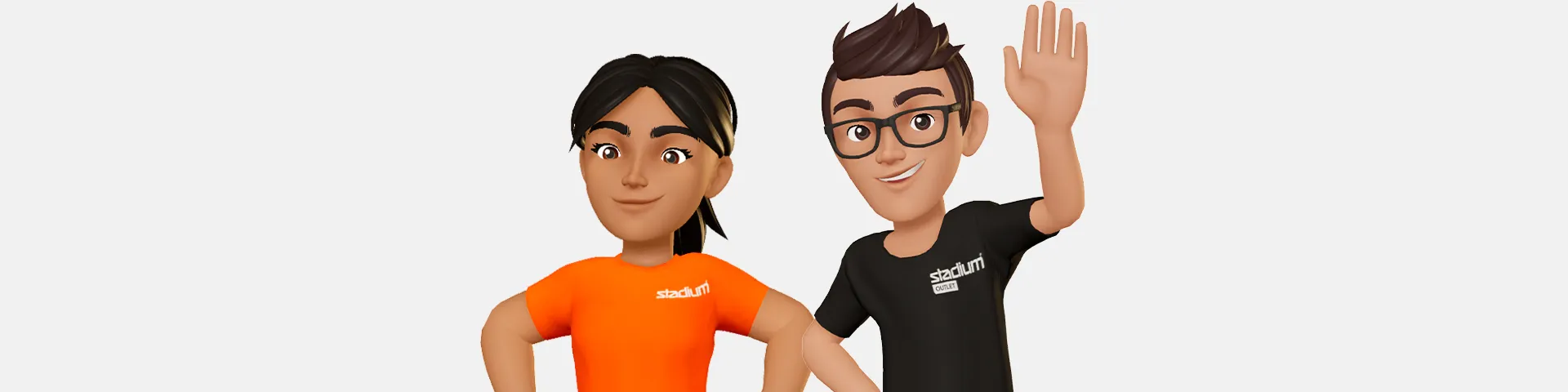 Two animated characters smiling; one wearing an orange shirt, and the other wearing a black shirt and glasses, waving.