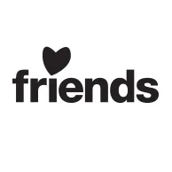 The word "friends" in bold black letters with a stylized heart replacing the dot above the letter "i" on a white background.