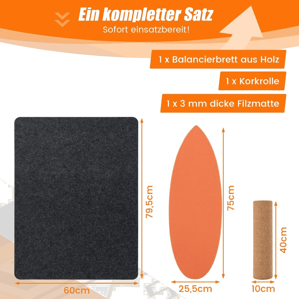 northix, Wooden Balance Board Wobble Board With Wheel Blanket 3-in-1 Balance Board Kit Orange, Detail 1