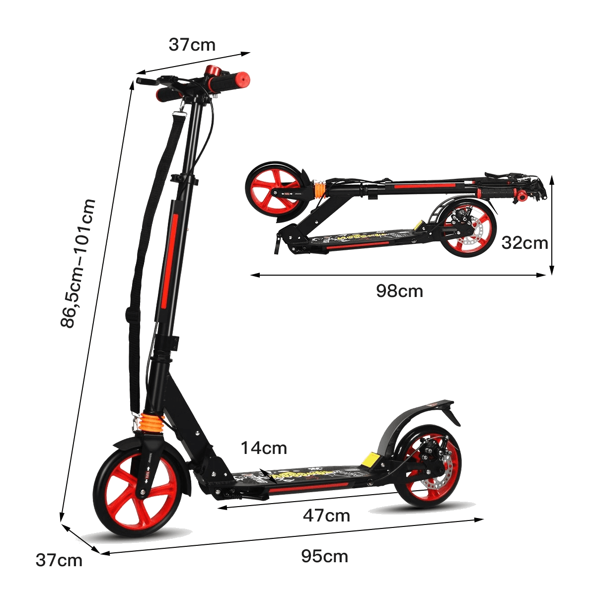 northix, Kickscooter City Scooter Carrying Strap Scooter Height Adjustable Kick Scooter Black, Detail 1