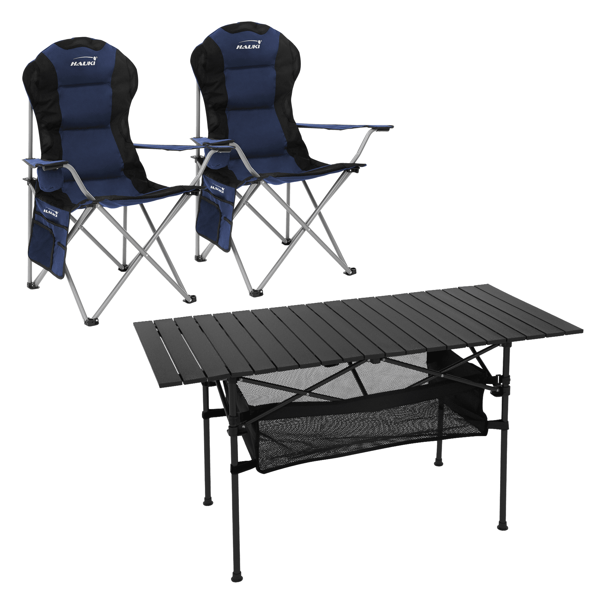 hauki, Hauki Camping Furniture Set 3 Piece Folding Table Black With Two Black Camping Chairs Portable, Product 0