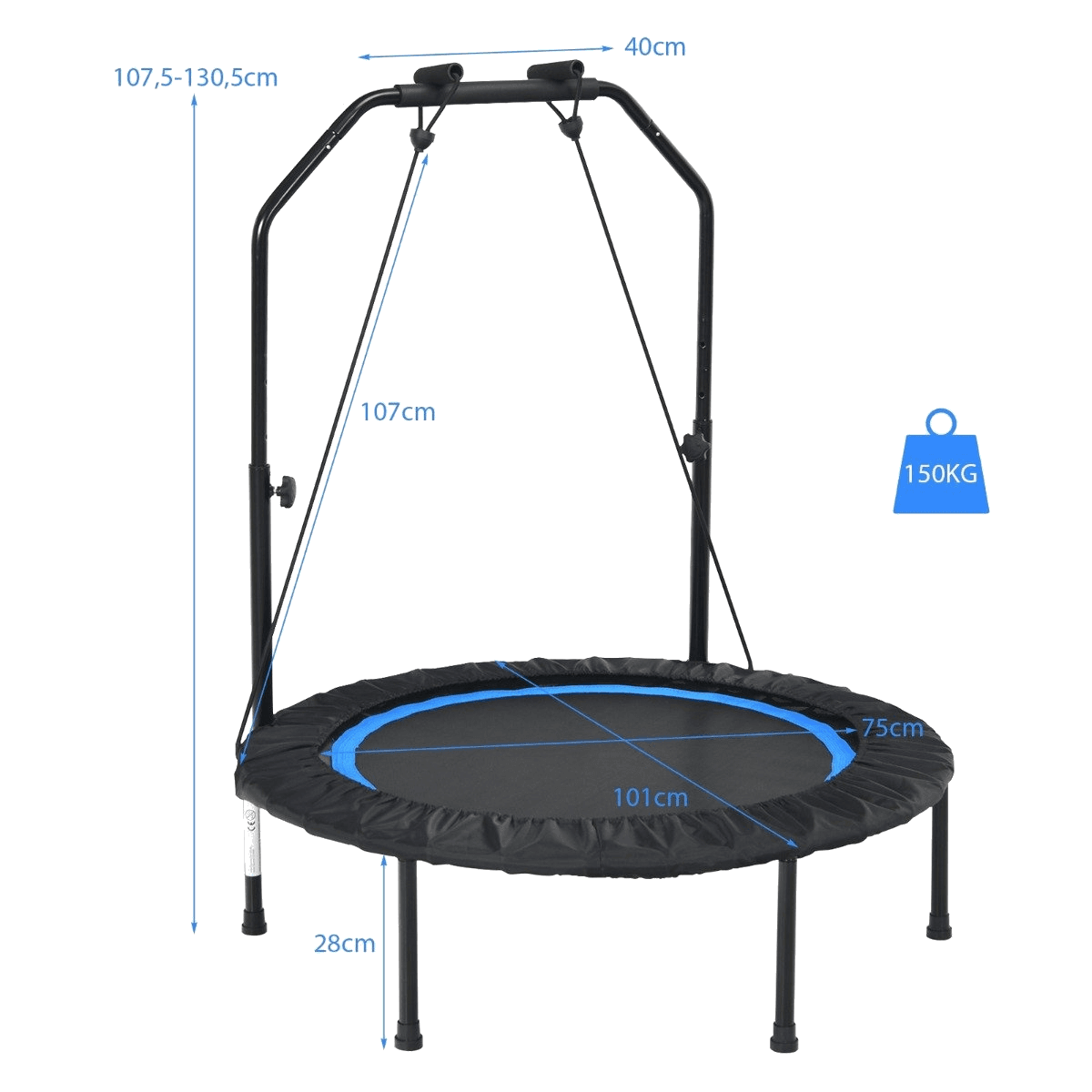 b2x, Ø101 Cm Trampoline With 2 Resistance Bands Mini Trampoline With Height-adjustable Handle Black + Blu, Detail 1