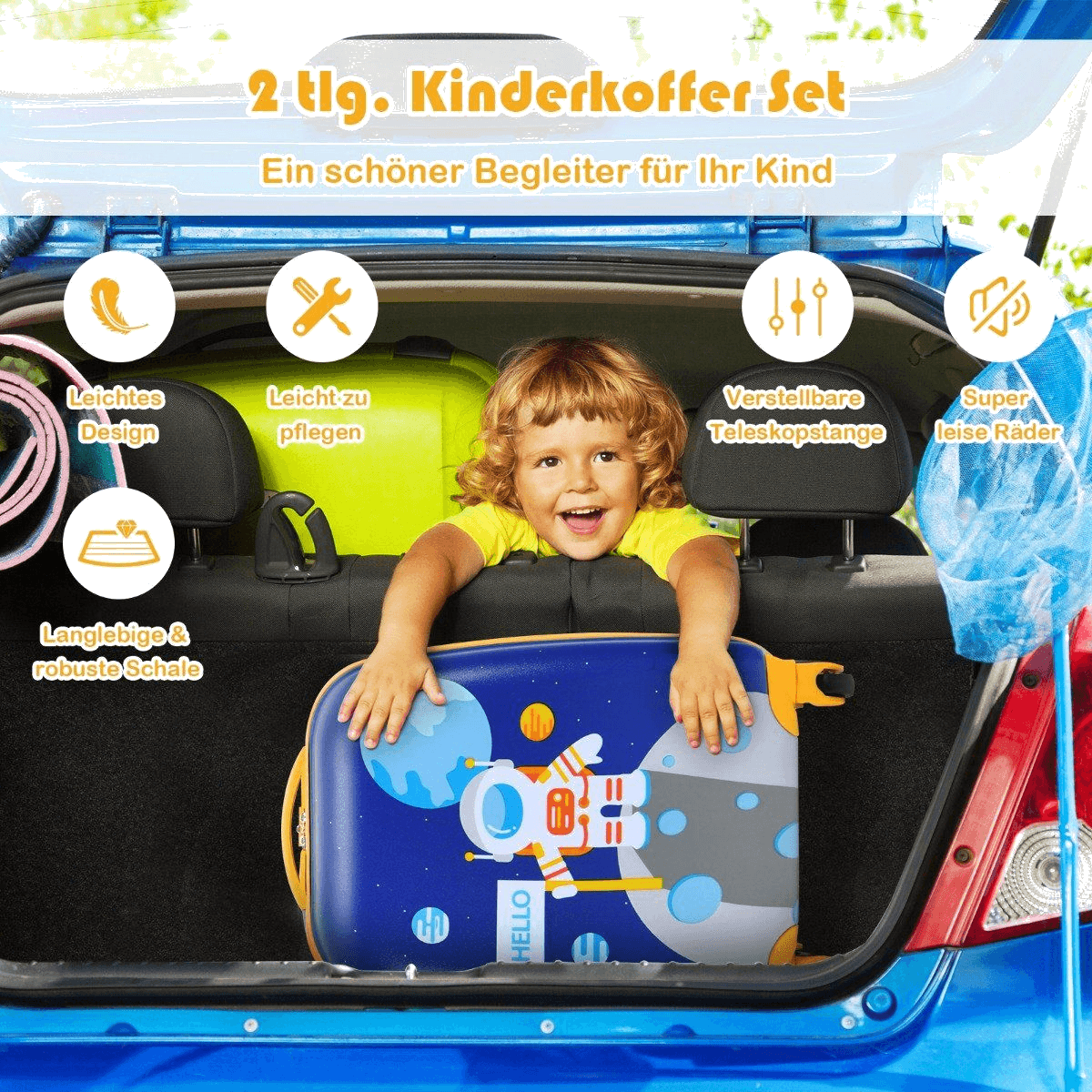 northix, 2-piece Children's Suitcase Set With Astronaut Pattern Backpack Suitcase 27 X 20 X 43 Cm Dark Blue, Detail 1