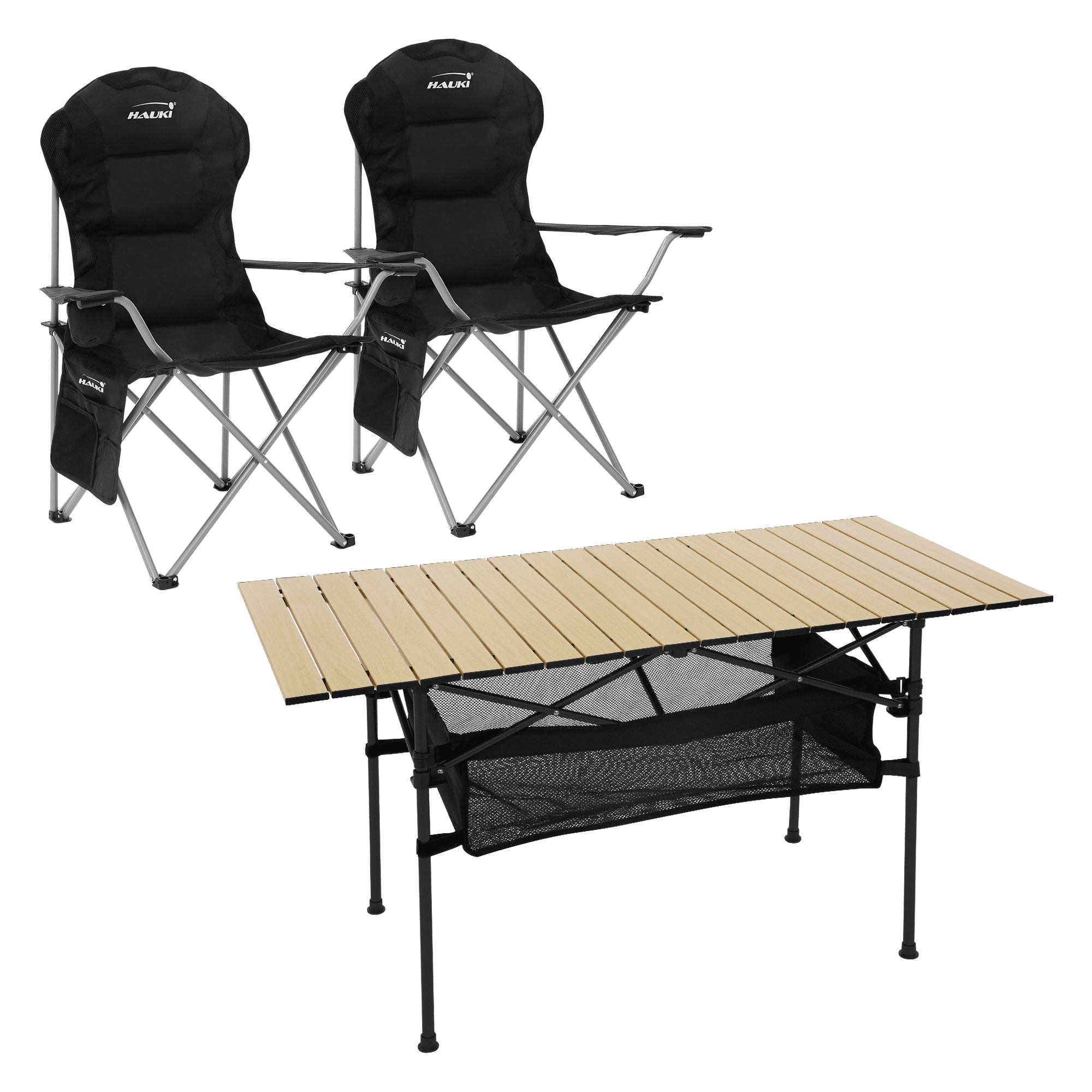 hauki, Hauki Camping Furniture Set 3 Piece Folding Table Beige With Two Black Camping Chairs Portable, Product 0