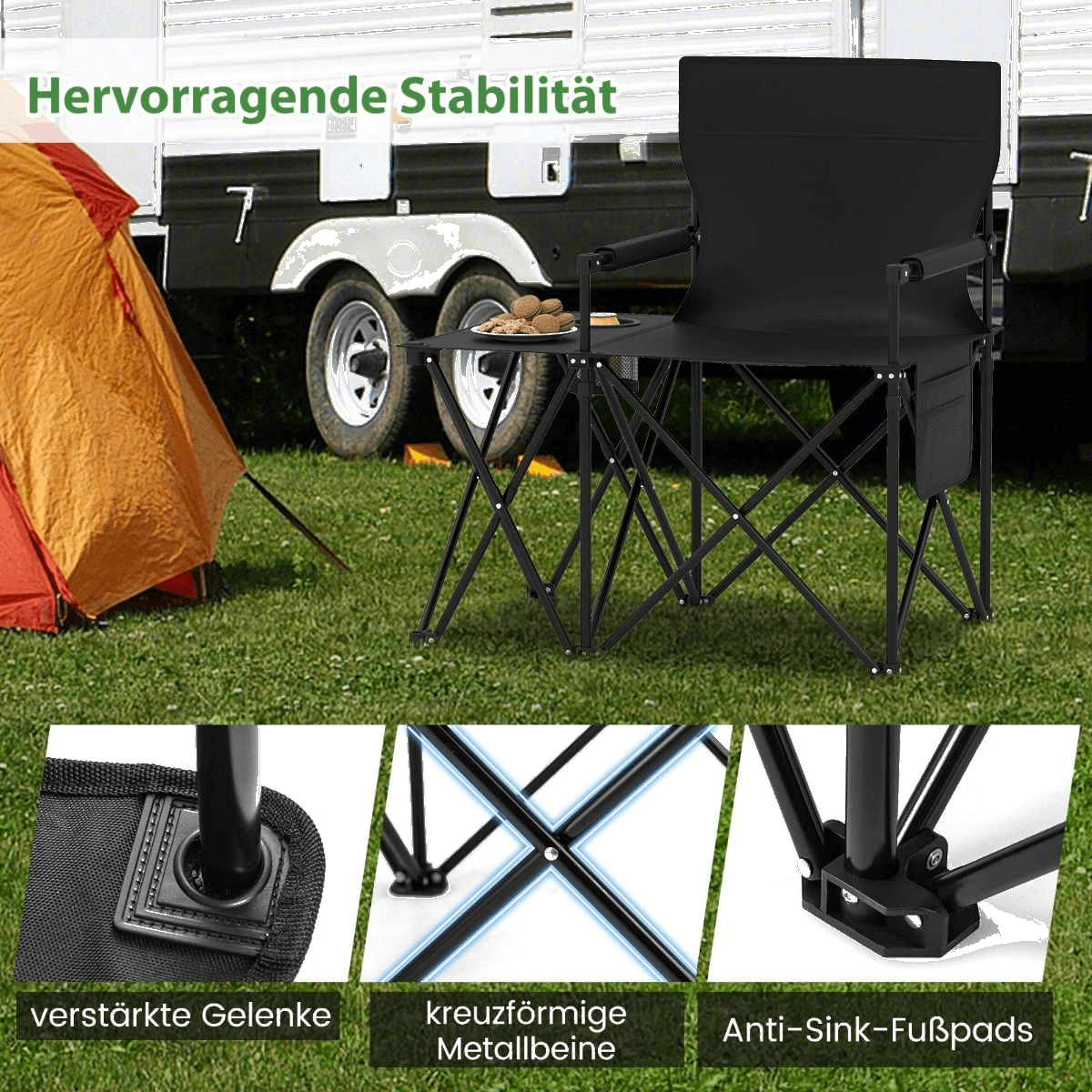northix, Folding Camping Chairs Set Of 2 With Side Table Cup Holder, Detail 1