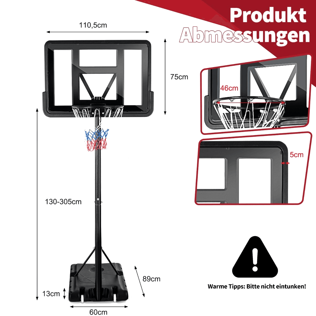 northix, 130 - 305 Cm Basketball Stand With Net 2 Wheels, Height Adjustable Black, Detail 1
