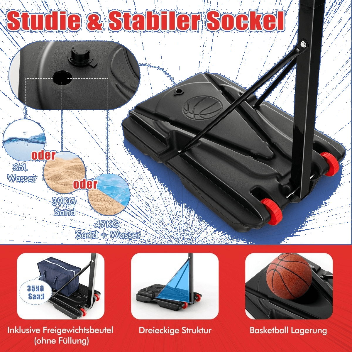 northix, Height-adjustable Basketball Stand Basketball Hoop With Stand 2 Wheels 105-260 Cm Black, Detail 1