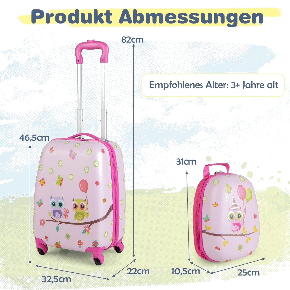 northix, 2-piece Children's Suitcase + Backpack Made Of Plastic Children's Trolley 12"+16" Pink Birds, Detail 1