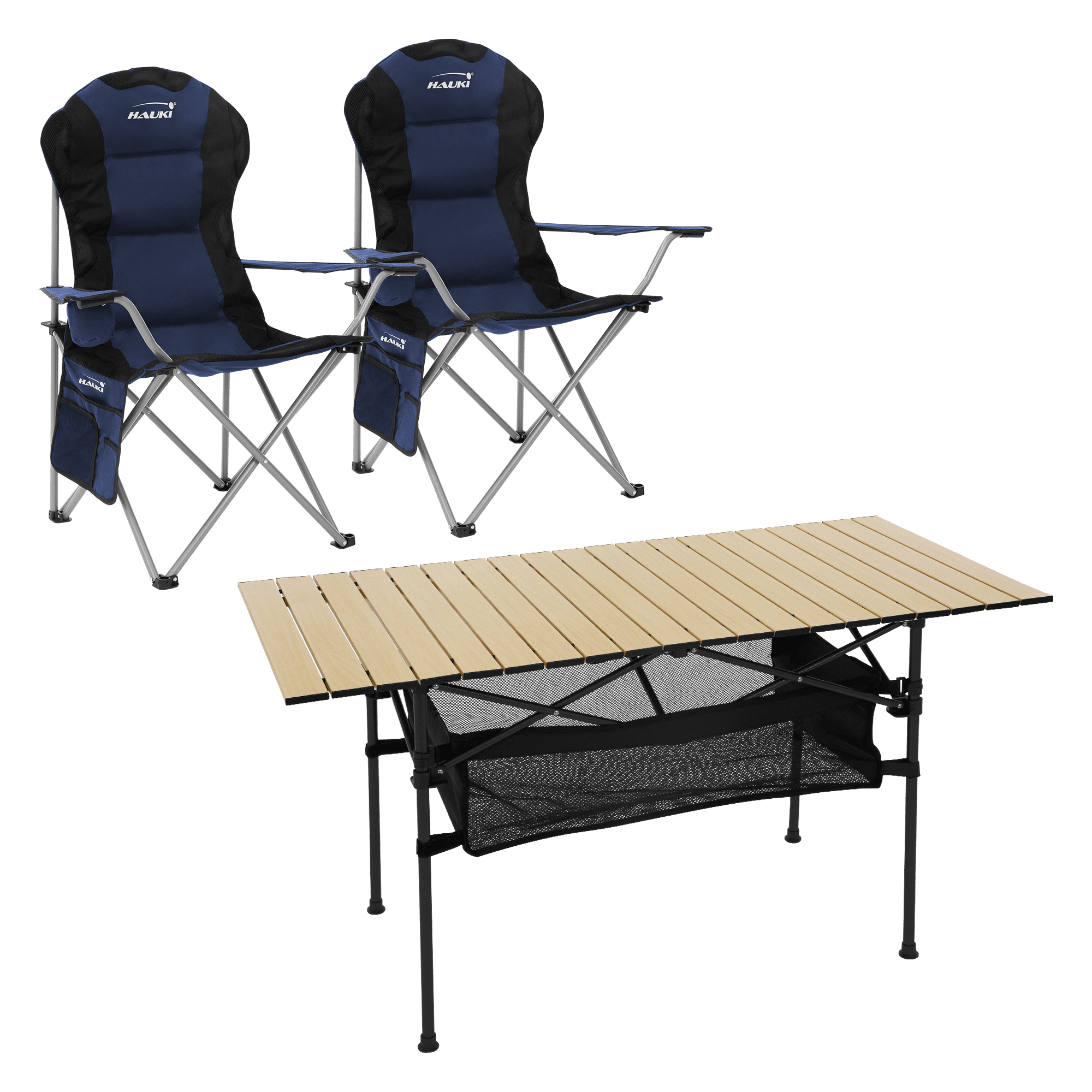 hauki, Hauki Camping Furniture Set 3 Piece Folding Table Black With Two Black Camping Chairs Portable, Product 0