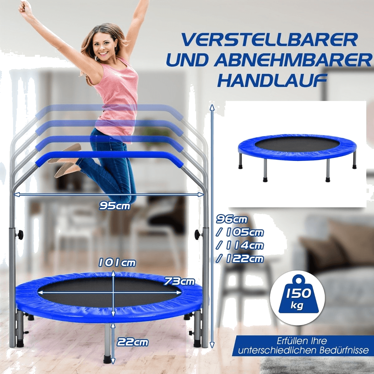 northix, Ø101 Cm Folding Mini Trampoline Fitness Trampoline With Height-adjustable Handle Blue + Black, Detail 1